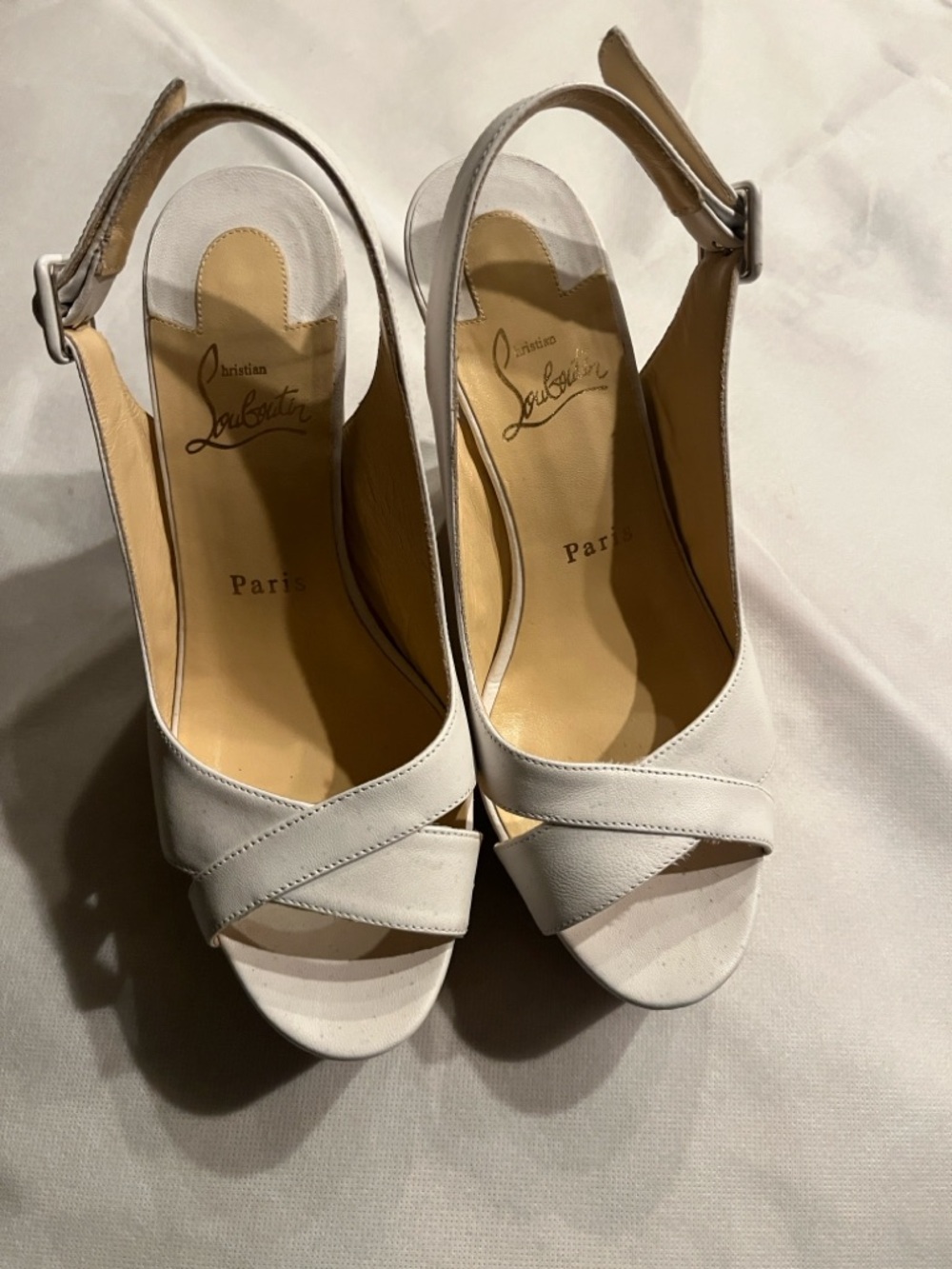 Christian Louboutin White Leather Peep-Toe Slingback Heels